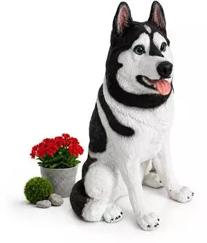 Relaxdays Gartenfigur Husky 86x49x62cm, Polyresin, wetterfest, schwarz-weiß (10053582_9270)