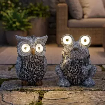 Globo LED Solarleuchte Eule & Frosch Skulptur, Steinoptik grau, warmweiß, 2er-Set
