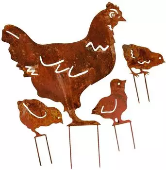 Aubaho Gartenstecker Huhn & Küken, Eisen rostig, 4-teilig, 48cm
