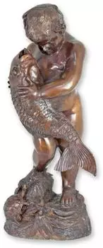 Aubaho Bronzeskulptur Junge mit Fisch, Brunnen-Replikat, Retro-Design