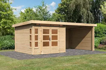 Karibu Kastorf 6 28mm naturbelassen 274 x 274 cm + B 320 cm Anbaudach + R&uuml;ckwand & Seitenwand (31548)