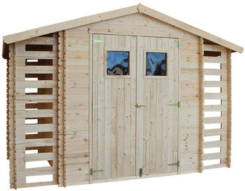 Timbela M391 Gartenhaus mit Brennholzregal 5,47 m&sup2; Kiefer / Fichte natur