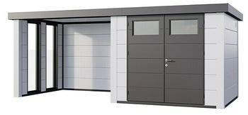 Telluria Metallgerätehaus Classico 2724 mit Lounge S inkl. 2 Fenster 258x572cm Lounge links mit Fenster Weiß
