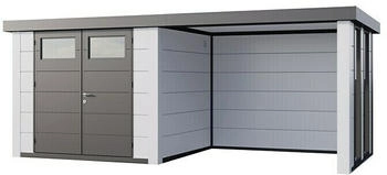 Telluria Metallgerätehaus Classico 2724 mit Lounge S inkl. 2 Fenster 258x572cm Lounge rechts mit Fenster Weiß