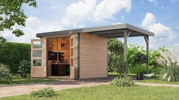 Karibu Jupiter 3 486,5x236,5 cm mit Anbaudach 2,35 m breit naturbelassen/graualuminium