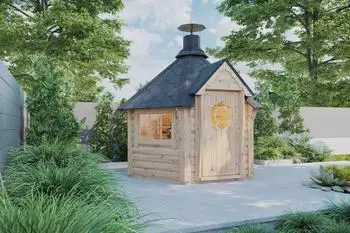 Finn Art Elegance 4,5 263x228cm Schindeln 6-eckig Grillhütte mit Grillanlage max. 6 Perso schwarz