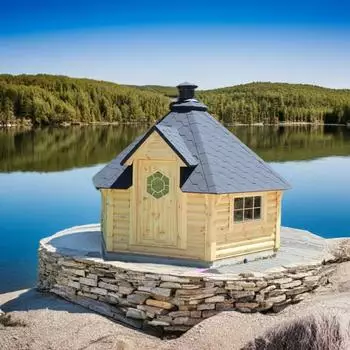 Finn Art Elegance 9,2 377x327cm Schindeln 6-eckig Grillhütte mit Grillanlage max. 15 Personen schwarz
