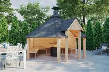 Finn Art Elegance 9,2 offen 383x329cm Schindeln 6-eckig Grillhütte mit Grillanlage max. 9 Personen schwarz