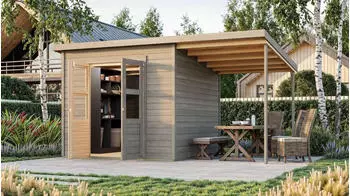 Karibu Eco Gartenhaus Merseburg 6 inkl. Anbaudach Sparset vorvergraut (naturgrau)