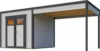 Weka Design-Gartenhaus Batu 28 mm Modern Storage 250 x 200 cm (Batu 1,5) + 300 cm Anbaudach hellgrau Rahmen-Doppelt&uuml;r