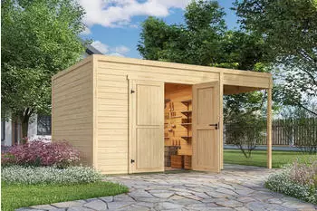 Weka Design-Gartenhaus Batu 28 mm Modern Storage 300 x 300 cm (Batu 3) + 150 cm Anbaudach naturbelassen Vollholz-Doppelt&uuml;r