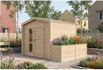 Weka Mehrzweck-Gartenhaus Killarney 19/28 mm 250 x 250 cm 28 mm (Gr. 2) Inkl. Hochbeet Zweifl&uuml;glige T&uuml;r links Vollglas rechts Holzf&uuml;llung naturbelassen