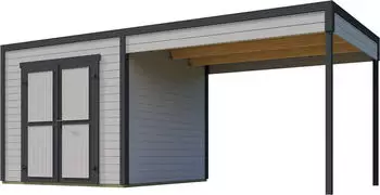 Weka Design-Gartenhaus Batu 28 mm Modern Storage 250 x 200 cm (Batu 1,5) + 300 cm Anbaudach hellgrau Vollholz-Doppelt&uuml;r