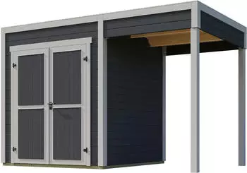 Weka Design-Gartenhaus Batu 28 mm Modern Storage 200 x 200 cm (Batu 1) + 150 cm Anbaudach dunkelgrau Vollholz-Doppelt&uuml;r