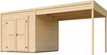 Weka Design-Gartenhaus Batu 28 mm Modern Storage 250 x 200 cm (Batu 1,5) - 300 cm Anbaudach naturbelassen Vollholz-Doppelt&uuml;r