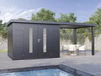Wolff Premium Metall Gartenhaus Elvar 6024 Anthrazit inkl. 300 cm Anbaudach Lounge-Anbau links