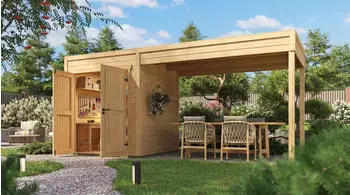 Weka Design-Gartenhaus Batu 28 mm Modern Storage 200 x 200 cm (Batu 1) - 300 cm Anbaudach naturbelassen Vollholz-Doppelt&uuml;r
