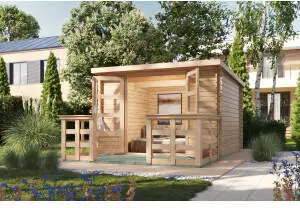 Karibu Remus SET Gartenhaus mit Terrasse, Massivholz Fichte, naturbelassen