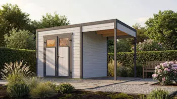 Weka Design-Gartenhaus Batu 28 mm Modern Storage 250 x 250 cm (Batu 2) + 150 cm Anbaudach hellgrau Rahmen-Doppelt&uuml;r