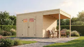 Weka Design-Gartenhaus Batu 28 mm Modern Storage 300 x 300 cm (Batu 3) + 150 cm Anbaudach naturbelassen Rahmen-Doppelt&uuml;r