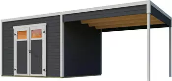 Weka Design-Gartenhaus Batu 28 mm Modern Storage 300 x 300 cm (Batu 3) + 300 cm Anbaudach dunkelgrau Rahmen-Doppelt&uuml;r