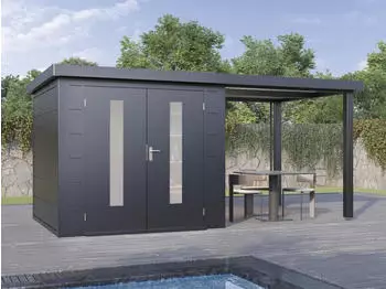 Wolff Premium Metall Gartenhaus Elvar 4824 Anthrazit inkl. 240 cm Anbaudach (Modell 2025 Lounge-Anbau links