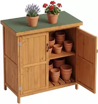 Relaxdays Gartenschrank, Holz, aufklappbares Dach, hellbraun/dunkelgrün, 88x75x44cm