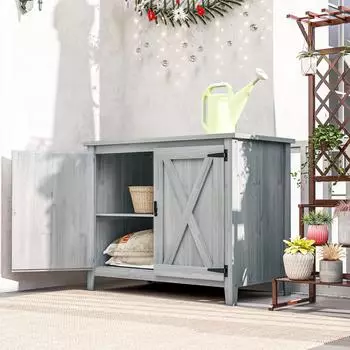 Outsunny Gartenschrank Tannenholz, hellgrau, wetterfest, 110x60x88,5cm