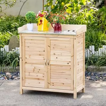OKWISH Gartenschrank aus Holz, 83x40x92cm, 2 F&auml;cher, natur