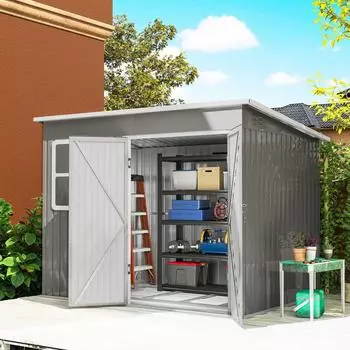 Outsunny Metall-Gerätehaus 4,13m² mit Fenster und Pultdach, 260x177x190cm, hellgrau