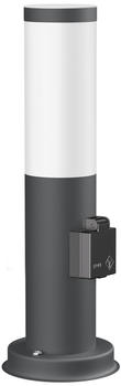 ledscom.de Pollerleuchte PORU mit Steckdose für außen, anthrazit, rund, 38,5cm, inkl. E27 Lampe, 471lm, extra-warmweiß