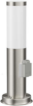 ledscom.de Pollerleuchte PORU mit Steckdose für außen, edelstahl, rund, 38,5cm, inkl. E27 Lampe, max. 963lm, warmweiß