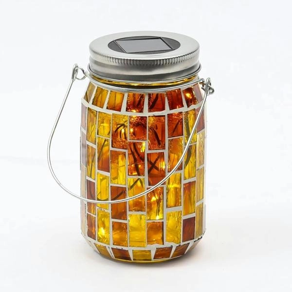 Marelida LED Solar Glas Einmachglas mit Mosaik Tischleuchte mit Henkel Lichtsensor gelb