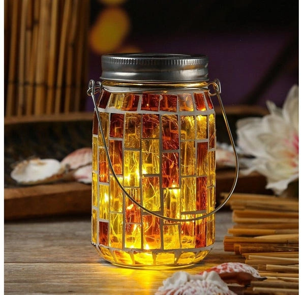 Marelida LED Solar Glas Einmachglas mit Mosaik Tischleuchte mit Henkel Lichtsensor gelb