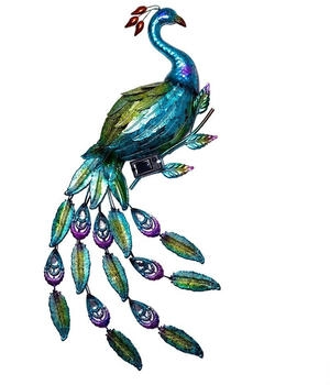 Haushalt International Wandleuchte Au&szlig;enwandleuchte Solarleuchte Garten Beleuchtung, Pfau Motiv, D&auml;mmerungssensor, Eisen, blau, gr&uuml;n, rot, LED, HxBxT 92x63x6 cm (70416)