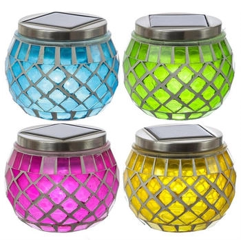 Marelida LED Solarleuchte Solar Windlichter Mosaik Solargläser Mosaikleuchte für Balkon bunt 4St, LED Classic, kaltweiss (5300K bis 6000K) (7989)