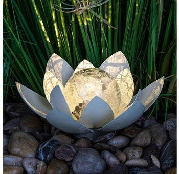 Spetebo LED Solarleuchte LED Solar Lotusblüte mit Crackleglas Kugel - 25 x 11 cm, LED, warm weiß, Garten Deko Kugelleuchte (70441)