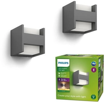 Philips LED Wandleuchte Arbour in Anthrazit 2x 4,5W 1600lm IP44 Doppelpack schwarz (929800012765)