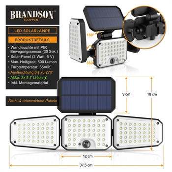 Brandson LED Solarleuchte Solar Sicherheits-/Au&szlig;enlampe, PIR-Sensor, 500 Lumen, 6500K, kaltwei&szlig;, 2400 mAh Akku, dreh-/schwenkbar (307153)