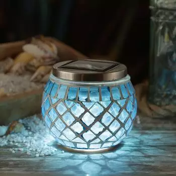 Marelida LED Solar Windlicht Mosaik Solarglas kaltweiße LED Lichtsensor H: 9cm für Außen blau (21987)