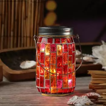 Marelida LED Solar Glas Mosaik Einmachglas mit Mosaiksteinchen und mit Henkel -Mosaikglas H: 13,5cm Windlicht mit Lichtsensor Solarlicht Solarlaterne (rot)