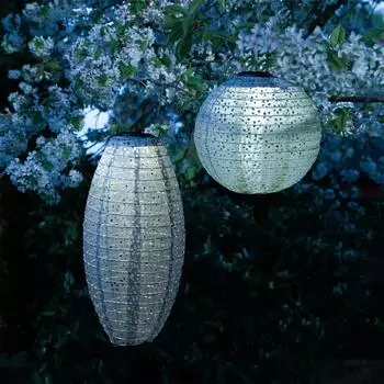 Marelida LED Solar Lampions mit Blumenmuster warmweiß H: 25cm/40cm Lichtsensor blau 2 Stück