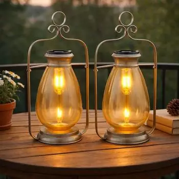 Globo Solarleuchte Laterne, Metall Glas amber silber, 3000K warmwei&szlig;, IP44, H 36,5cm, 2er Set