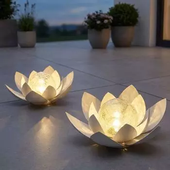 Haushalt International Solarleuchte Lotusblume Crackle-Glas weiß, 27,6cm, 2er-Set