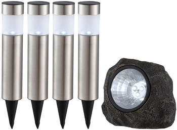 ETC Shop LED Solar-Leuchten-Set mit 4 Stechleuchten + 1 Strahler in Steinoptik