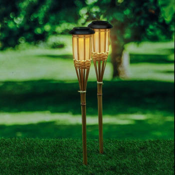 Haushalt International LED Solar-Gartenfackel mit Flackerlicht Bambus 56cm 2er-Set (94522)
