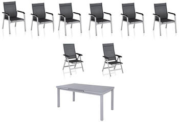 Kettler BasicPlus Premium Sitzgruppe silber Alu/Textilene Tisch 180/240cm 6 Stapel- 2 Multipos.-sessel silber (31517)