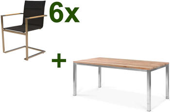Outflexx Esstischgarnitur Edelstahl/FSC-Teak Tisch 180x90cm 6 Freischwinger padded schwarz schwarz (17285)