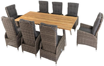 Outflexx Esstischgarnitur Edelstahl/recyceltes FSC-Teak Tisch 220x100cm 8 Hochlehner- Diningsessel A-Gestell natur/beige (19381)