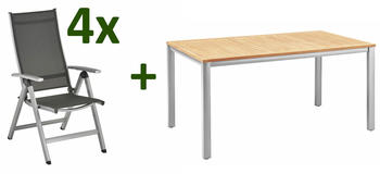 Kettler Granada/Easy Sitzgruppe silber/anthrazit Alu/Textilene Teaktisch 160x95cm 4 Multipo FSC-Teak Tischplatte silber (23385)